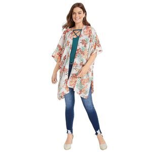Maurices Women’s White & Orange Tropical Floral Open Kimono One Size